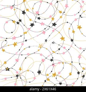 Seamless stars pattern in pink, black and golden colors. Vector celebration party background Stock Vector