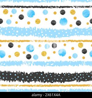 Seamless striped pattern in blue, black and golden colors. Vector background Stock Vector