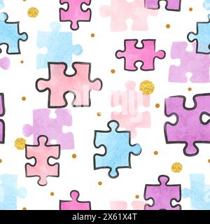 Puzzle seamless pattern. Vector colorful watercolor illustration with puzzle pieces Stock Vector