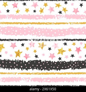 Seamless striped pattern in pink, black and golden colors with stars. Vector background Stock Vector