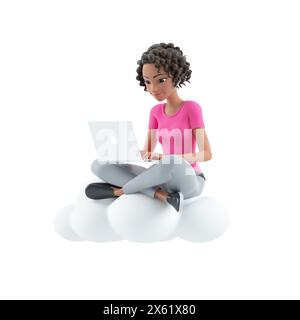 3d beautiful woman sitting on cloud and using laptop, illustration isolated on white background Stock Photo