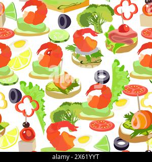 Appetizer food. Buffet products served on sticks meat and fish snacks. Sandwich canape with ham, cheese, sausage, salmon, shrimp, olives, cucumber, to Stock Vector