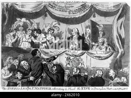 The horrid assassin is Hatfield, attemting to shoot the King in Drury Lane Theatre on the 15th of May, 1800. Stock Photo