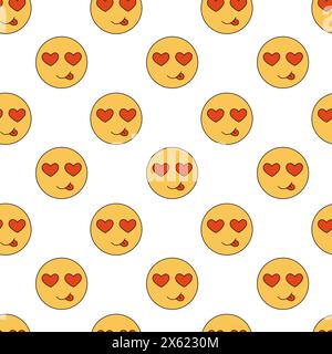 Seamless pattern with a smiling face and eyes hearts. Emoji background. Vector flat illustration. Stock Vector