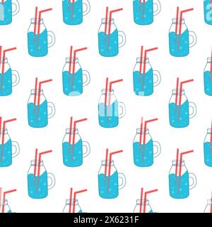 Drink more water. Seamless Pattern with Bottle and straw. Glass for drinking. Vector flat illustration. Stock Vector
