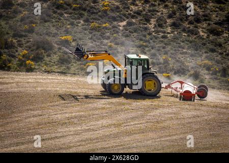 tractor in the field plowing and flattening the land for sowing Stock Photo