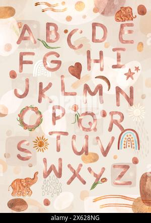 Children's poster alphabet of letters with cute animals, plants in rustic boho style, complemented by watercolor spots, hand-painted. A set of posters Stock Photo