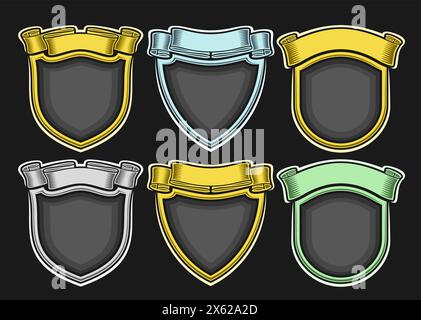 Vector Crests Set, collection of six grey monochrome and colorful heraldic crests with copy space, group of decorative variety retro sign boards with Stock Vector