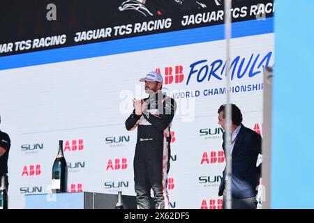 Germany, Berlin, May 12, 2024.Oliver Rowland at the award ceremony. António Félix da Costa from Tag Heuer Porsche Formula E Team wins Round 10 of the 2023/24 ABB FIA Formula E Championship. Nick Cassidy fromTeam Jaguar TCS Racing wins second place and Oliver Rowland of Team Nissan Formula E Team wins third place.The Berlin E-Prix 2024 will be in Berlin on May 11th and 12th, 2024 with a double race for the tenth time. The 2023/2024 electric racing series will take place at the former Tempelhof Airport. Credit: Sven Struck/Alamy Live News Stock Photo