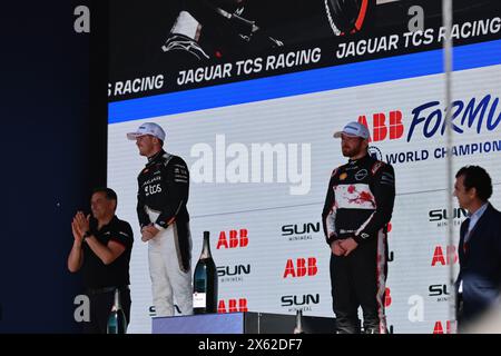 Germany, Berlin, May 12, 2024. Nick Cassidy and Oliver Rowland at the award ceremony. António Félix da Costa from Tag Heuer Porsche Formula E Team wins Round 10 of the 2023/24 ABB FIA Formula E Championship. Nick Cassidy fromTeam Jaguar TCS Racing wins second place and Oliver Rowland of Team Nissan Formula E Team wins third place.The Berlin E-Prix 2024 will be in Berlin on May 11th and 12th, 2024 with a double race for the tenth time. The 2023/2024 electric racing series will take place at the former Tempelhof Airport. Credit: Sven Struck/Alamy Live News Stock Photo