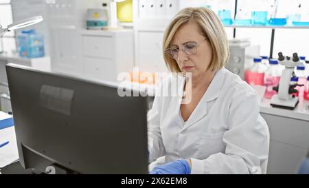 A focused middle-aged woman scientist works on a computer in a modern laboratory setup Stock Photo