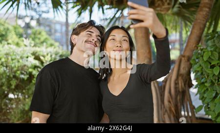 Interracial couple takes a selfie outdoors surrounded by greenery, showcasing love and connection in a natural setting. Stock Photo