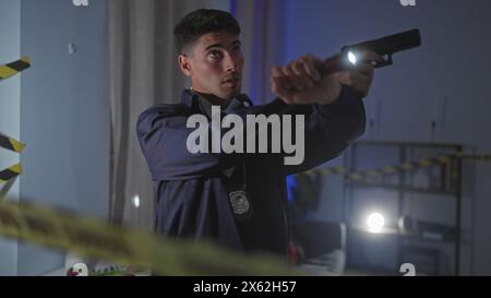 Hispanic police officer searching a dimly lit crime scene indoors with a flashlight. Stock Photo