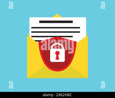 Secure email service isometric icon. Secure mobile mail, email sign with shield. Private data in social networks, sms chat protection, cyber security Stock Vector