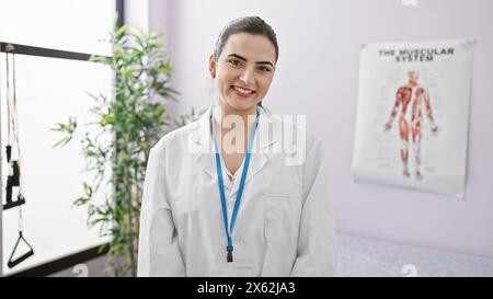 Hispanic woman in white lab coat posing with a friendly smile in a clinic interior with educational posters. Stock Photo
