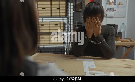 Handcuffed woman covers face in shame at police station, evidence envelopes on desk hint at legal trouble. Stock Photo