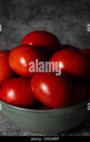 Greek Easter eggs dyed naturally with onion skins, above shot. Stock Photo