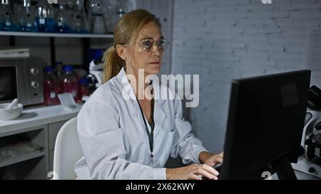 A mature woman scientist analyzes data on a computer monitor in a laboratory setting. Stock Photo