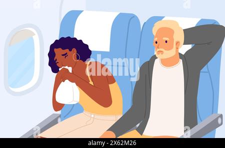 Woman passenger suffering from aerophobia in airplane Stock Vector