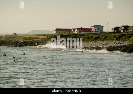 Bathers at sunset with The Royal Porthcawl Golf club in the background. Rest Bay, Porthcawl, UK. 10th May 2024. Stock Photo