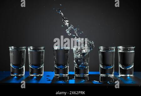 Alcoholic shots of vodka or strong drink in small glasses. A piece of ice falls into a glass, creating a splash. Copy space. Stock Photo