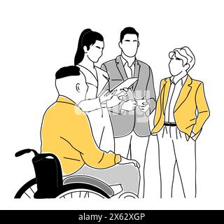 Diverse multiracial, multiethnic young business men, women standing together. Inclusive Business team concept. Modern vector outline drawings for grap Stock Vector
