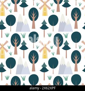 Trees and mill seamless pattern Stock Vector