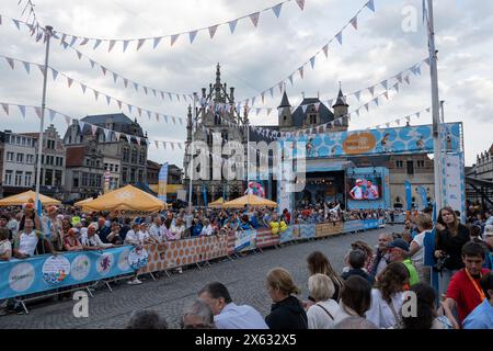 Mechelen, Belgium 12th May 2024. Finish line in the Grote Markt square in city centre with stage set up in front of Stadhuis city hall. Welcoming ceremony celebrates the participants for their efforts Credit: Drew McArthur/Alamy Live News Stock Photo