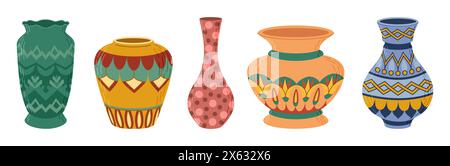 Colored ceramic vases set. Porcelain vase for flowers, antique pottery, floral and abstract patterns. Vase pottery for decoration. Trendy flat style isolated on white. Vector illustration Stock Vector