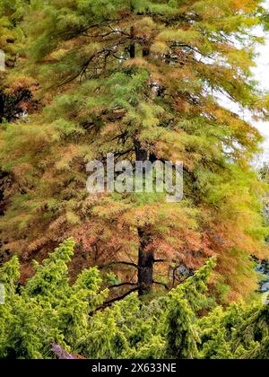 Green deciduous conifer gradually turning brown in Autumn. Stock Photo