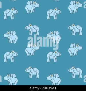 Seamless pattern with blue toy hippo with wings. Colored vector background. Stock Vector