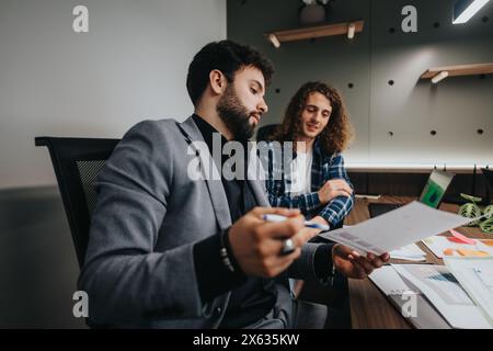 Two professional male colleagues collaborating on a project in a modern office Stock Photo