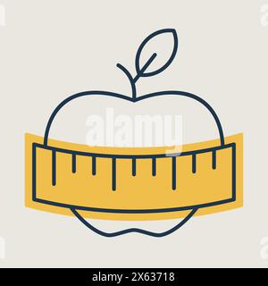 Apple with measuring tape vector icon. Graph symbol for fitness and weight loss web site and apps design, logo, app, UI Stock Vector