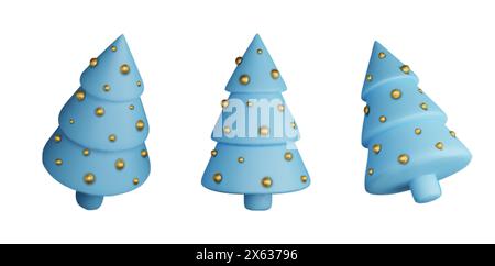 Set 3d violet Christmas tree . Glossy New year and xmas abstract tree shapes. Stock Vector
