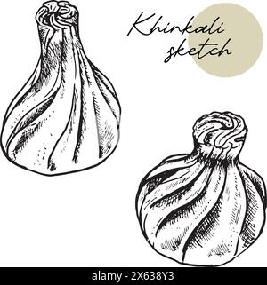 set of illustrations of traditional dumplings, khinkali. vector sketch hand drawn with georgian cuisine. ink style drawing for brochures, banner Stock Vector
