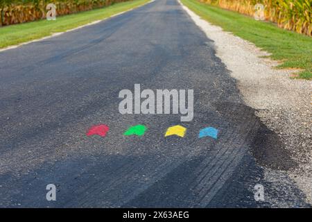 Directional arrows painted on road for cycling race. Bicycle riding, cycling competition and recreational sports concept. Stock Photo