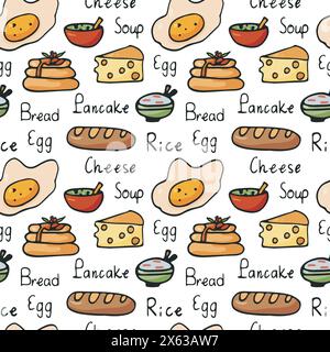 Food symbol cute seamless pattern. Doodle unique hand drawn black stroke line, childish flat cartoon icon style design. Transparent background. Vector Stock Vector