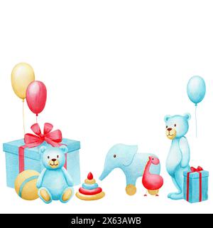 Blue teddy bears standing with yellow ball, pyramid, red dinosaur, blue gift boxes, elephant, balloons. Watercolor cute baby hand drawn illustration f Stock Photo