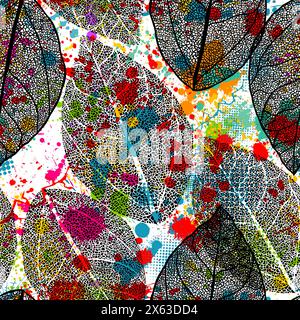 Seamless pattern of skeletonized leaves with colored blots. hand drawing. Not AI. Vector illustration Stock Vector