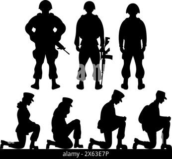 Military people collection. Soldiers standing with their backs with weapons and warrior men and women stand on one knee. Isolated black drawings silho Stock Vector