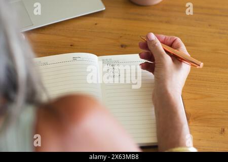 At home, mature Caucasian woman in pink top, writing in notebook Stock Photo