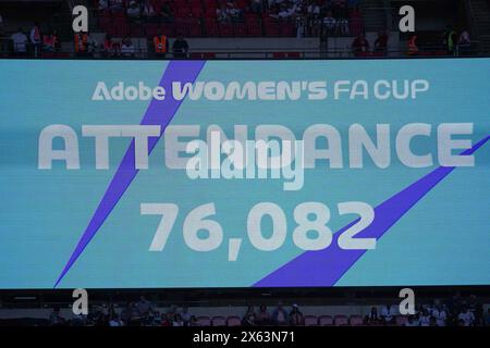 London, UK. 12th May, 2024. The attendance during the Manchester United Women v Tottenham Hotspur Women Adobe Women's FA Cup Final at Wembley Stadium, London, England, United Kingdom on 12 May 2024 Credit: Every Second Media/Alamy Live News Stock Photo