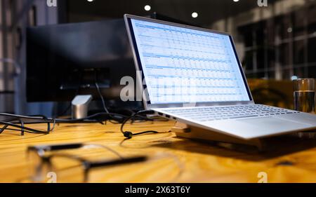 At office, laptop on wooden desk displaying sales tracker, working late Stock Photo