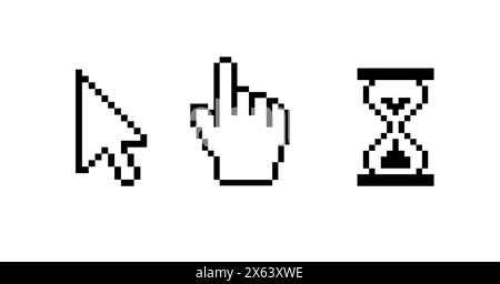 Cursor pixel mouse arrow pointer click icon. Vector pixel cursor arrow www finger sand hourglass icon. Stock Vector