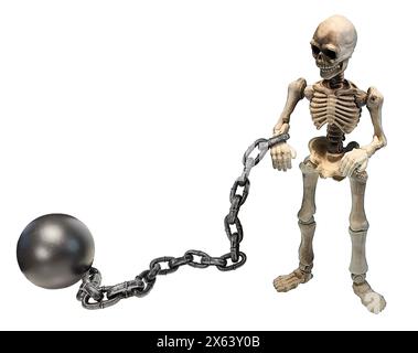 A standing Skeleton holding his hands out with ball and chain Stock Photo