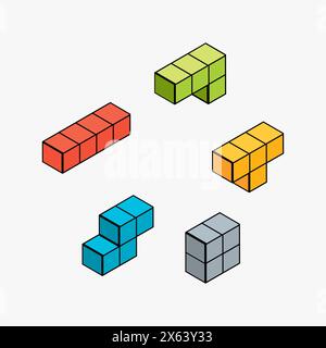 3d isometric retro game polygon puzzle. Geometric 3d block rectangle cube fun video game. Stock Vector