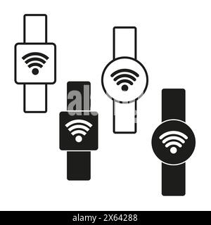 Smartwatch connectivity icons. Wireless technology wearable devices vector set. Black and white smartwatches with WiFi signal. Stock Vector