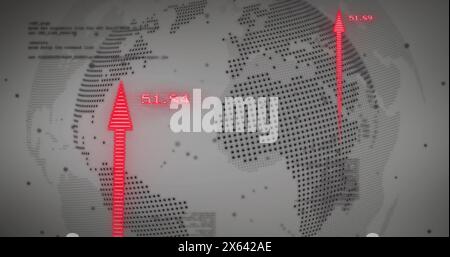 Image of financial data processing and arrows over globe Stock Photo