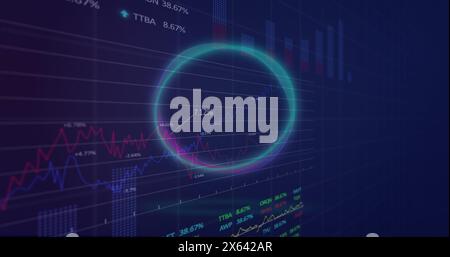 Image of neon round shape spinning over statistical and stock market data processing Stock Photo