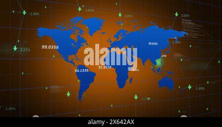 Image of financial data processing and arrows over world map Stock Photo